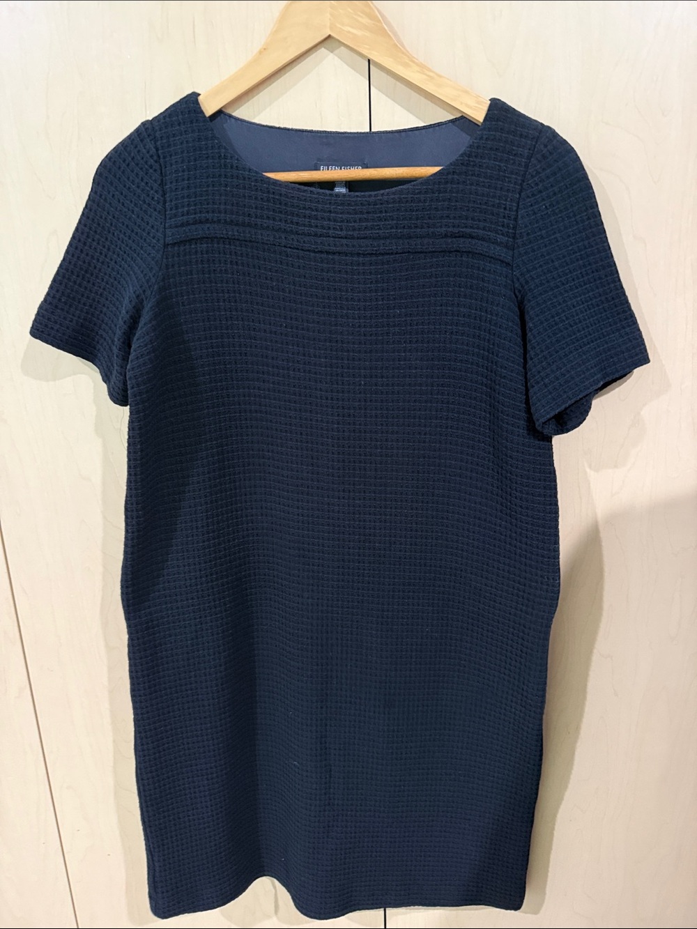 Eileen Fisher Navy Textured Short-Sleeve Shift Midi Dress